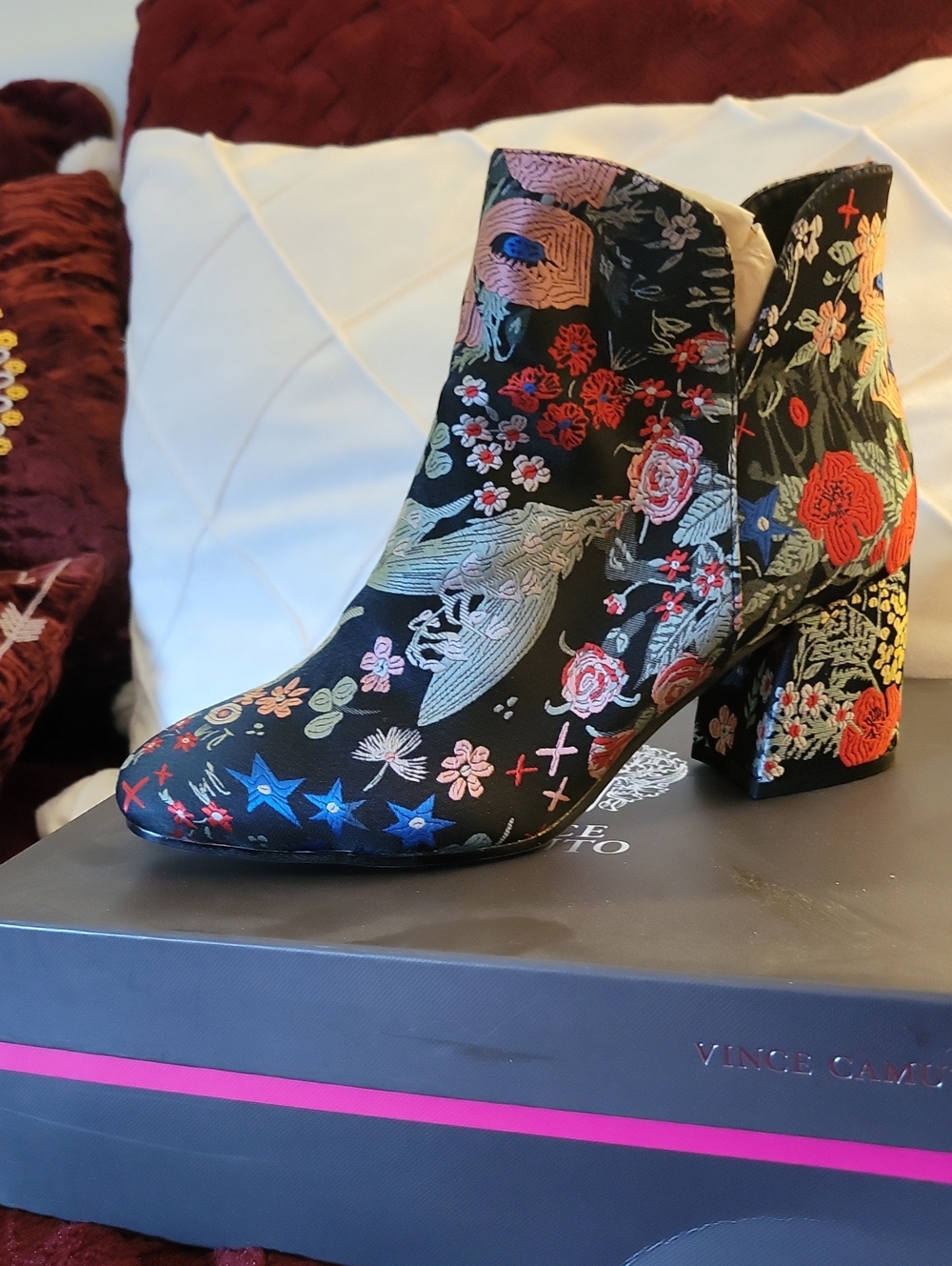 Vince Cumato Black Floral Embroidered Ankle Boots